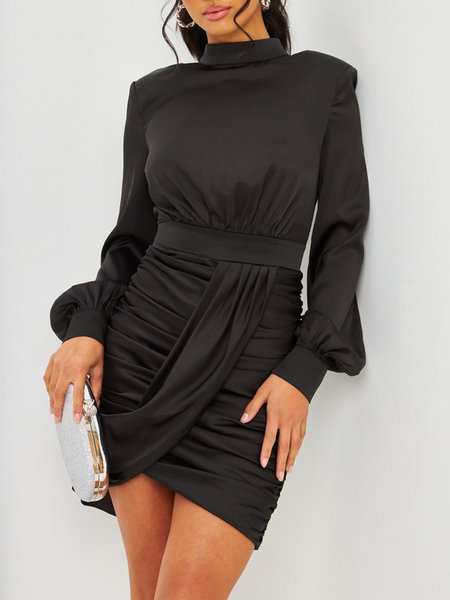 

Lady Long Sleeve High Neck Solid Regular Fit Mini Dress, Black, Mini Dresses