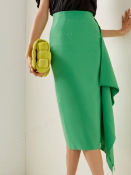 

Formal Date Solid Flouncing Skirt, Green, Midi Dresses