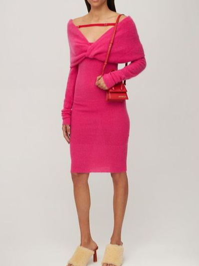 

Elegant V neck Wool/Knitting Dress, Rose red, Midi Dresses