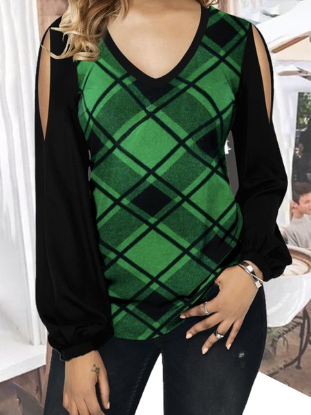 

Checked/Plaid Casual V Neck Long sleeve Shirts & Tops, Green, Tops