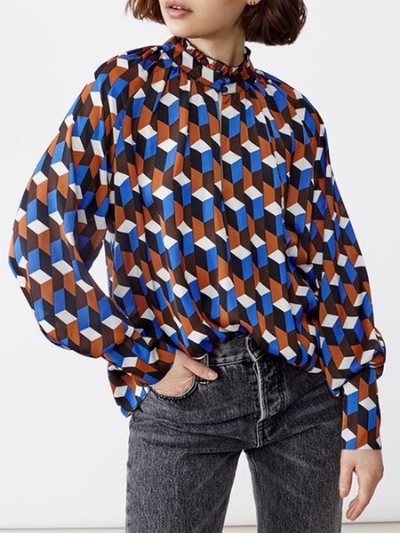 

Vintage Casual Simple Ruffle Collar Geometric Top, Blue, Blouses and Shirts