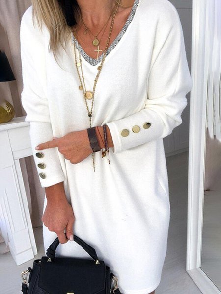 

V Neck Cotton Blends Plain Dresses, White, Casual Dresses
