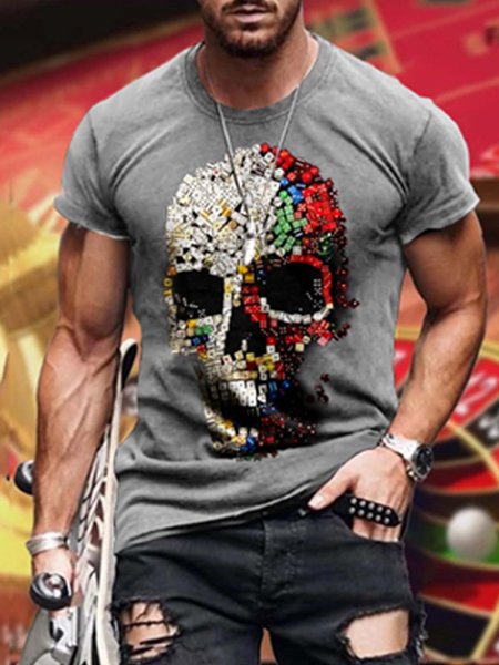 

Short Sleeve Casual Street Skull T-Shirts, Gray, Men's t-shirts