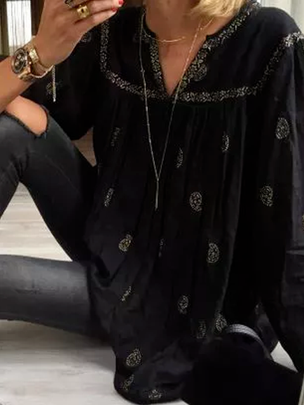 

Tribal Vintage Floral Casual V neck Shirts & Tops, Black, Shirts & Blouses