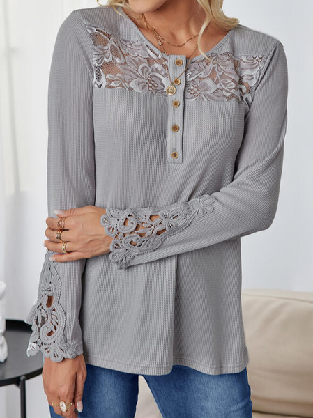 

Solid Lace Round Neck Long Sleeves Casual Blouses, Gray, Long sleeve tops