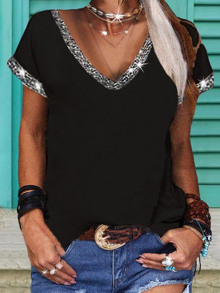 

Casual Short Sleeve V Neck Plus Size Tops T-shirts, Black, T-Shirts