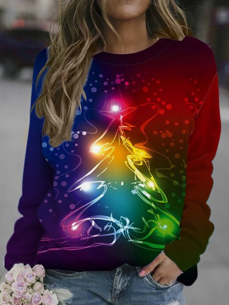 

Gradient Christmas Tree Print Round Neck Long Sleeve Sweatshirt, As picture, Hoodies&Sweatshirts
