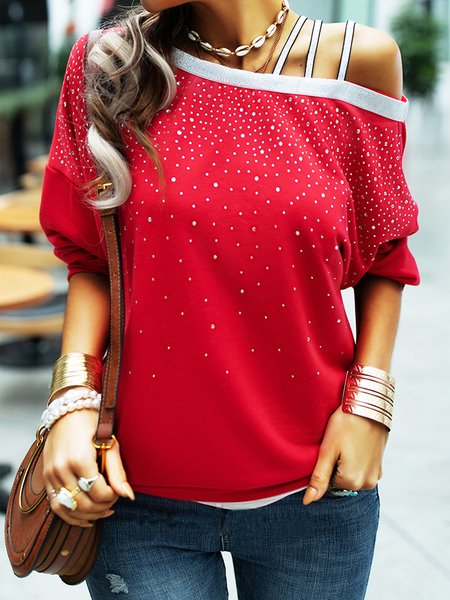 

Off The Shoulder Rhinestone Casual Shirts & Tops, Red, Tops