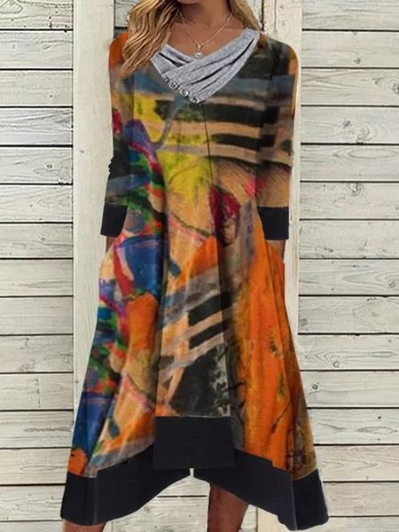 

Abstract Cowl Neck Loosen Dresses（accessory not included）, Orange, Tie dye dress