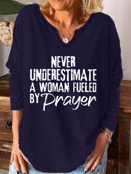 

Never Underestimate A Woman Fueled By Prayer Women's V-neck Long Sleeve Top, Deep blue, Hoodies&Sweatshirts