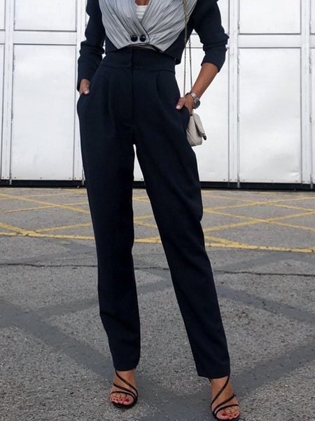 

Work Harem Plain Long Pants, Black, Wide Leg Pants