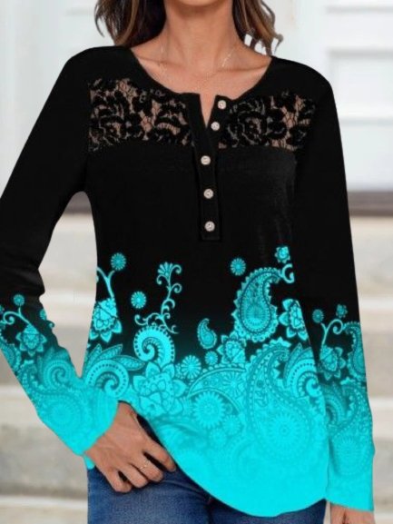 

Paisley Printed Lace Long Sleeves Crew Neck Plus Size Casual Tops, Black-blue, T-Shirts