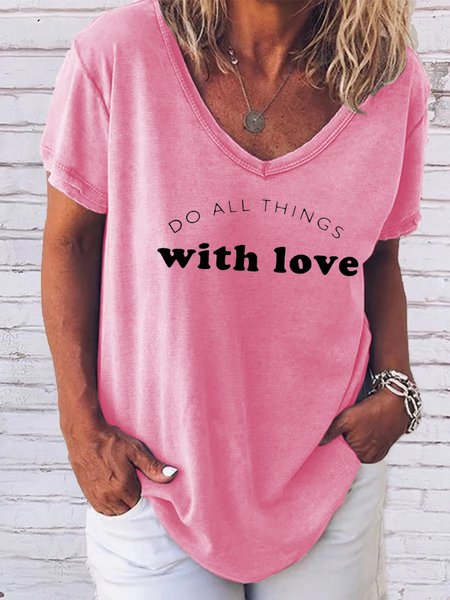 

Do all things with love V-neck short-sleeved T-shirt, Pink, T-shirts