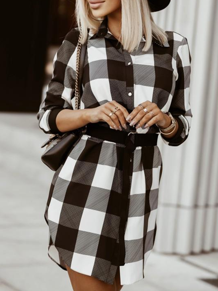 

Casual Household Daily Vintage Checked/Plaid Lapel Dresses, Black, Casual Dresses