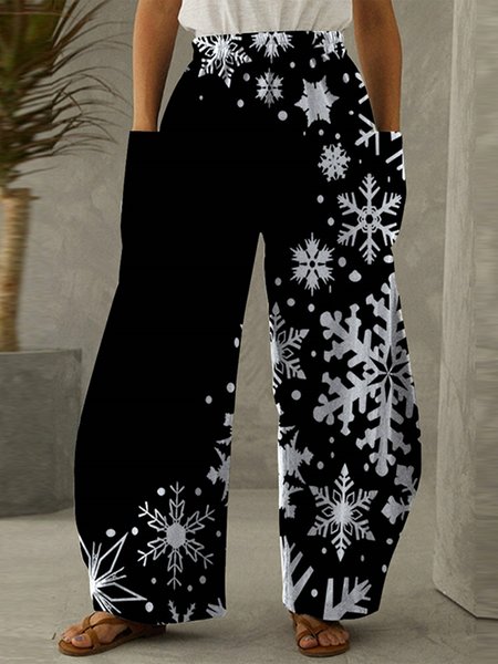 Loosen Snowflake Color Block Pockets Pants, Black, Pants