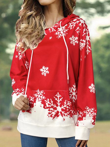 

Snowflake Pockets Color Block Casual Hooded Sweatshirt, Red, Sweatshirts & Hoodies