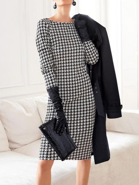 

Lady Long Sleeve Houndstooth Skinny Mini Dress, Black-white, Midi Dresses