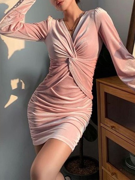 

V neck Elegant Long sleeve Dress, Pink, Midi Skirts