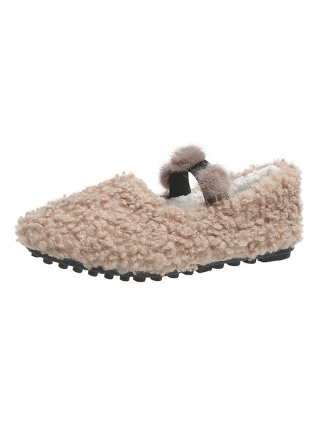 

Simple Lamb Fluff Ball Flats, Khaki, Flats