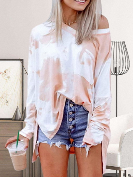 

V Neck Tie Dye Loosen Shirts & Tops, Orange, Long sleeve tops