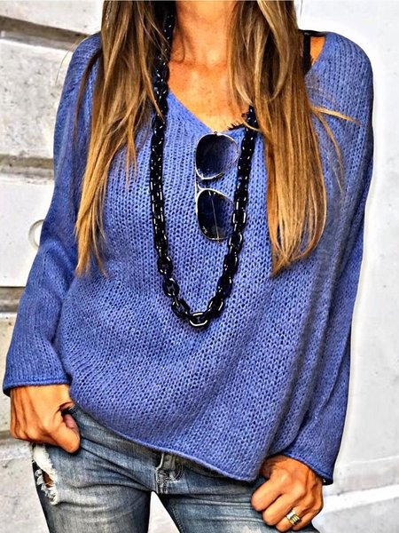 

Casual V neck Loosen Solid Long Sleeve Sweater, Blue, Knitwear & Sweaters