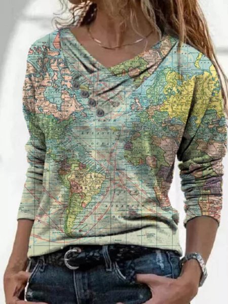 

Casual Long Sleeve Plus Size Printed Tops, As picture, Tops