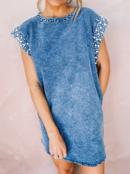 Nail Bead Denim Dress, Blue, Mini Dresses