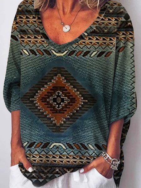 

West Styles/Cows V Neck Loosen Shirts & Tops, Blue, T-Shirts