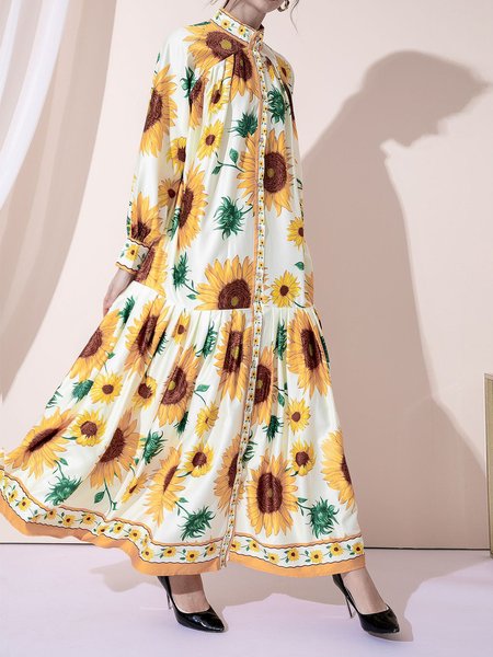 

Loosen Stand Sunflower Collar Dresses, Yellow, Floral Dresses