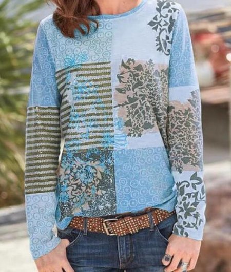 

Striped Crew Neck Casual Shirts & Tops, Blue, Tops