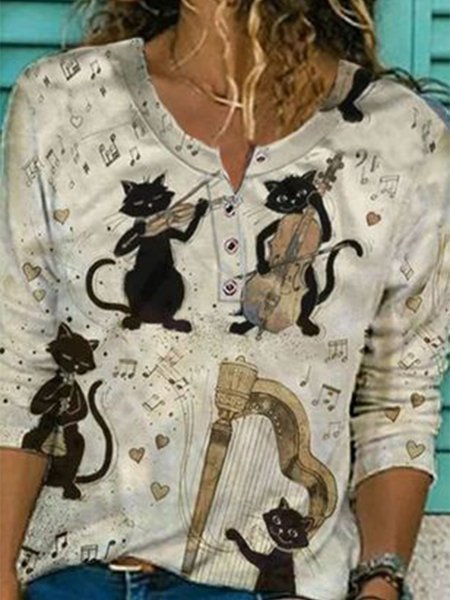 

Funny Cat Casual V Neck Shirts & Tops, As picture, Tees & T-shirts