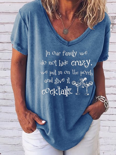 

Cocktail fun text printed V-neck short-sleeved T-shirt, Blue, T-shirts