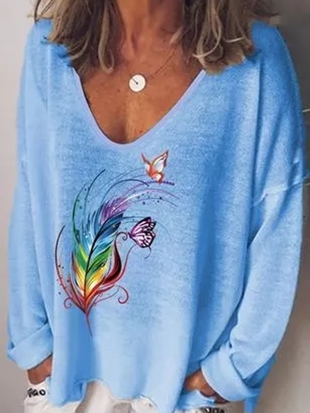 

Plus Size V Neck Cotton Blends Loosen Shirts & Tops, Blue, Long sleeve tops