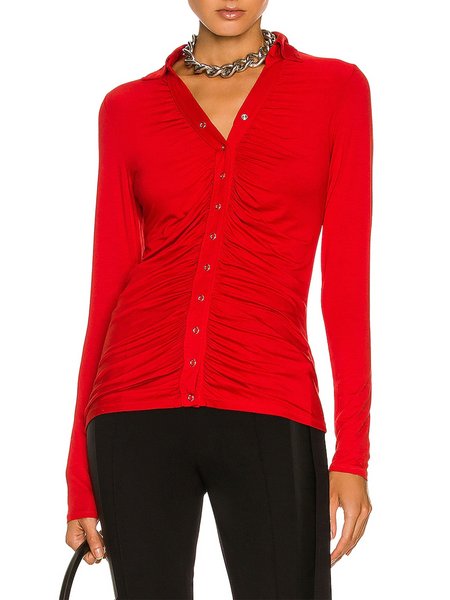 

Long Sleeve Solid Skinny Shirt Collar Shirt, Red, Blouses and Shirts