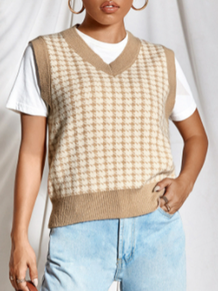 

Casual Household Daily Vintage Houndstooth Vests, Khaki, Tanks & Camis