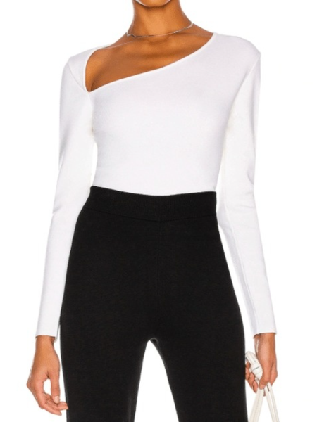 

Spring Skinny Simple Plain Asymmetrical Neck Lightweight Daily Tops, White, Tops