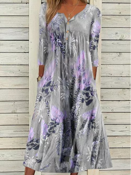 

V Neck Floral Loosen Dresses, Gray, Tie dye dress