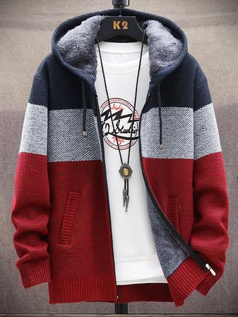 

Zipper Hooded Plus Velvet Stitching Long-sleeved Woolen Jacket, Red, Outerwear