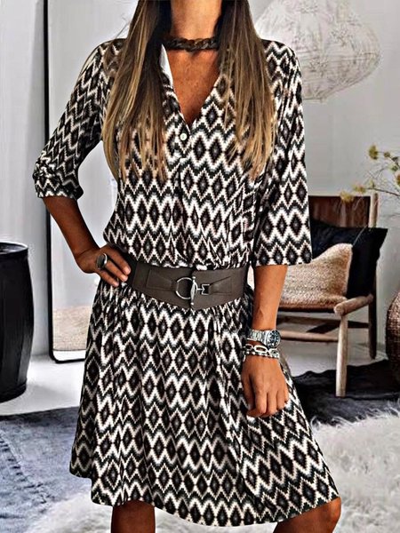 

Boho V Neck Geometric Three Quarter Dresses, As picture, Mini Dresses