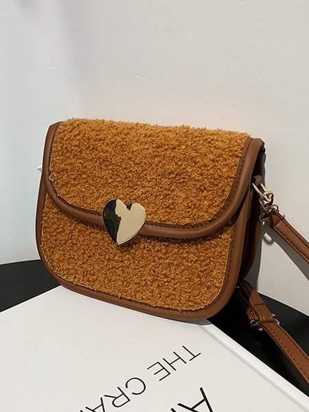 

Valentine's Day Metal Heart Woolen Stitching Messenger Bag, Brown, Bags
