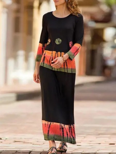 

Bohemian Tribale Stampato taglia grande Maniche Lunghe Girocollo Gonna Casuale, Multicolore, Maxi Dresses