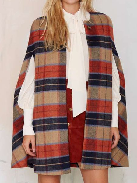 

Loosen Crew Neck Elegant Checked/Plaid Outerwear Cape, As picture, Coats