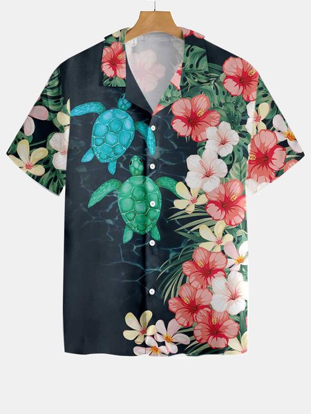 

Vintage Turtle Hawaiian Short Sleeve Shirt, As picture, Men's Floral shirt