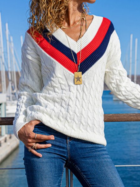 

Color-blocking V Neck Loosen Long Sleeve Sweaters, White, Knitwear & Sweaters