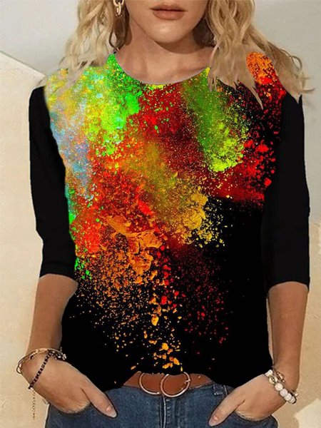 

Casual Long Sleeve Crew Neck Printed Top, Multicolor, T-Shirts