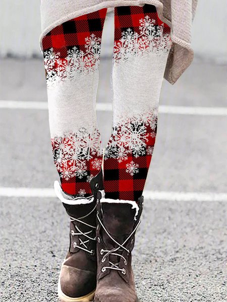 

Snowflake Print Grid Casual Leggings, Red, Leggings