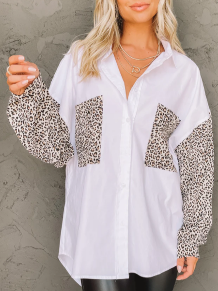 

Shirt Collar Off Shoulder Shirts & Tops Leopard print panel shirt, White, Shirts & Blouses