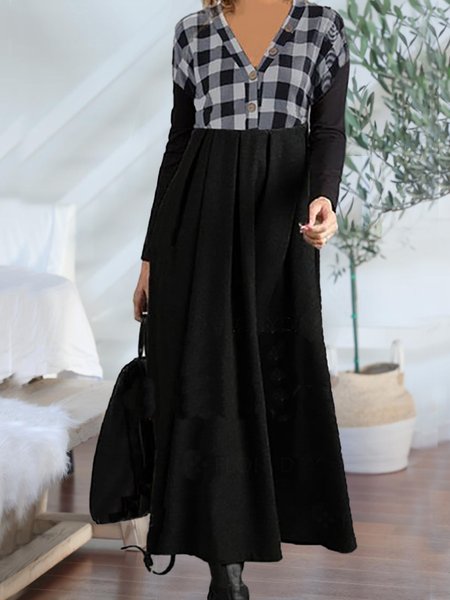 

Plaid Print Long Sleeve V Neck Tunic Maxi Dresses, Black, Casual Dresses