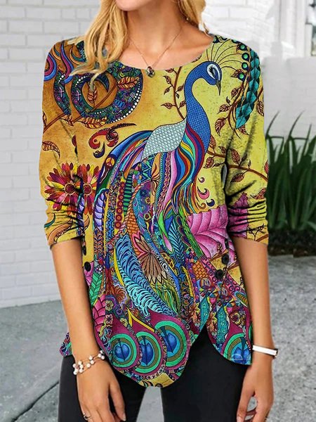 

Casual Peacock Long Sleeve Round Neck Plus Size Printed Tops T-shirts, Multicolor, T-Shirts