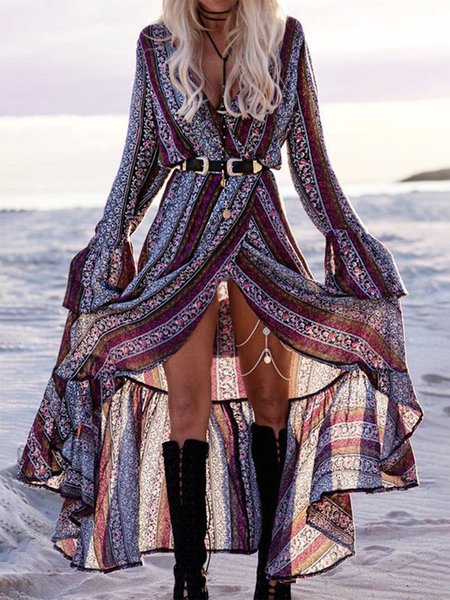 

Tribal Striped Floral Print Casual Loose V-neck Dress, Multicolor, Maxi Dresses